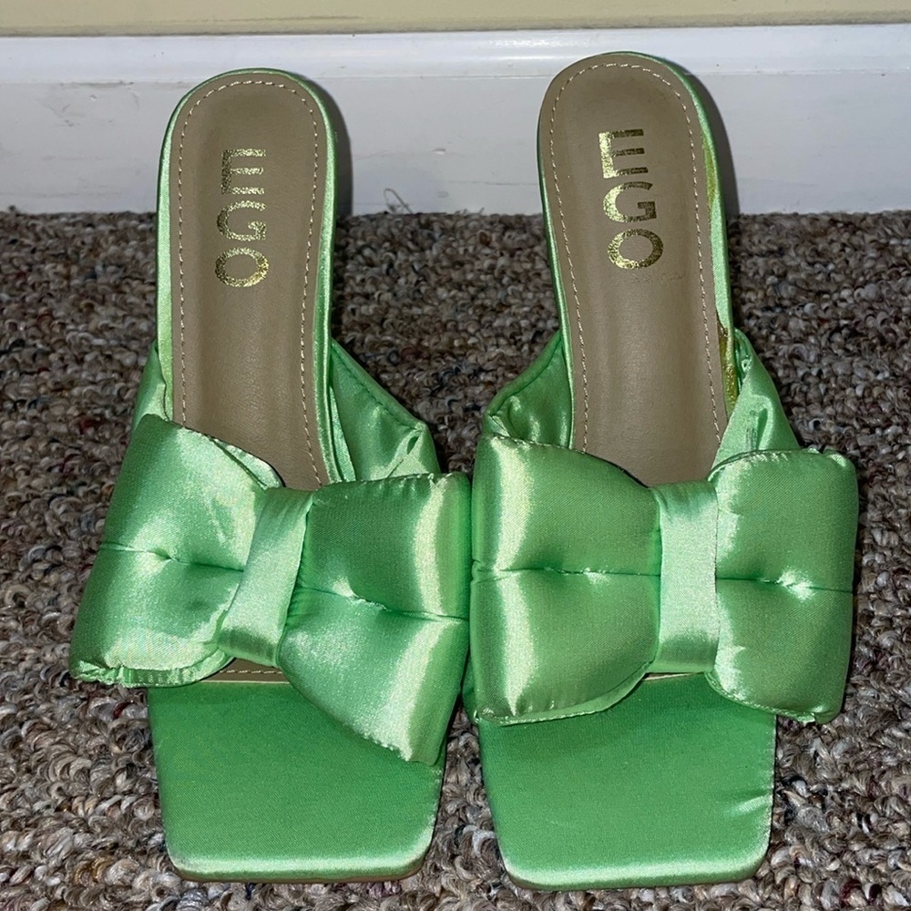 Womens Ego Adorable Satiny Green High Heel Mules With Bow